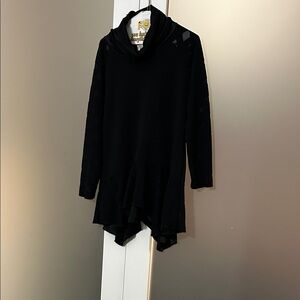 Black Cowl Neck Tunic Top With Sheer Sleeves and Peplum. Handkerchief Hem.